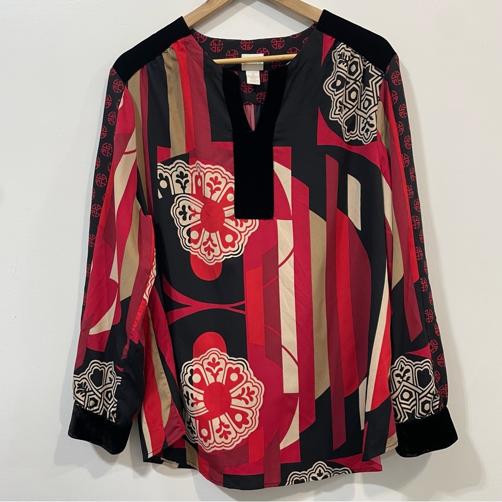 Chico's Red Black Contemporary Print Modern Medallions Peasant Top Size XL